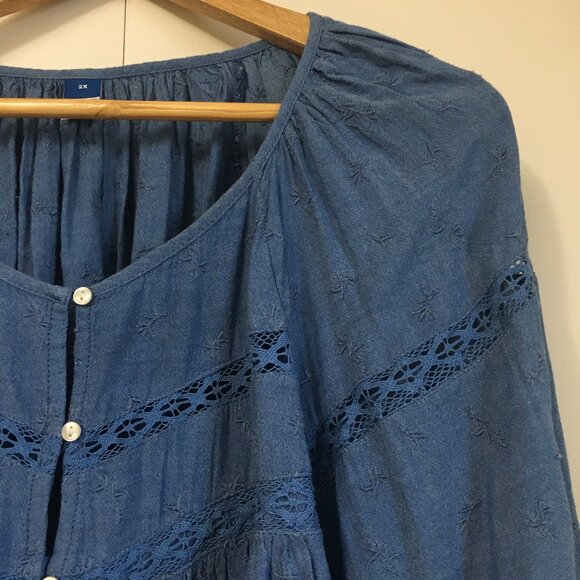 Blue Plentiful Pleats Billowing Sleeve Lace and Floral Texture Button Up Blouse - Picture 4 of 16